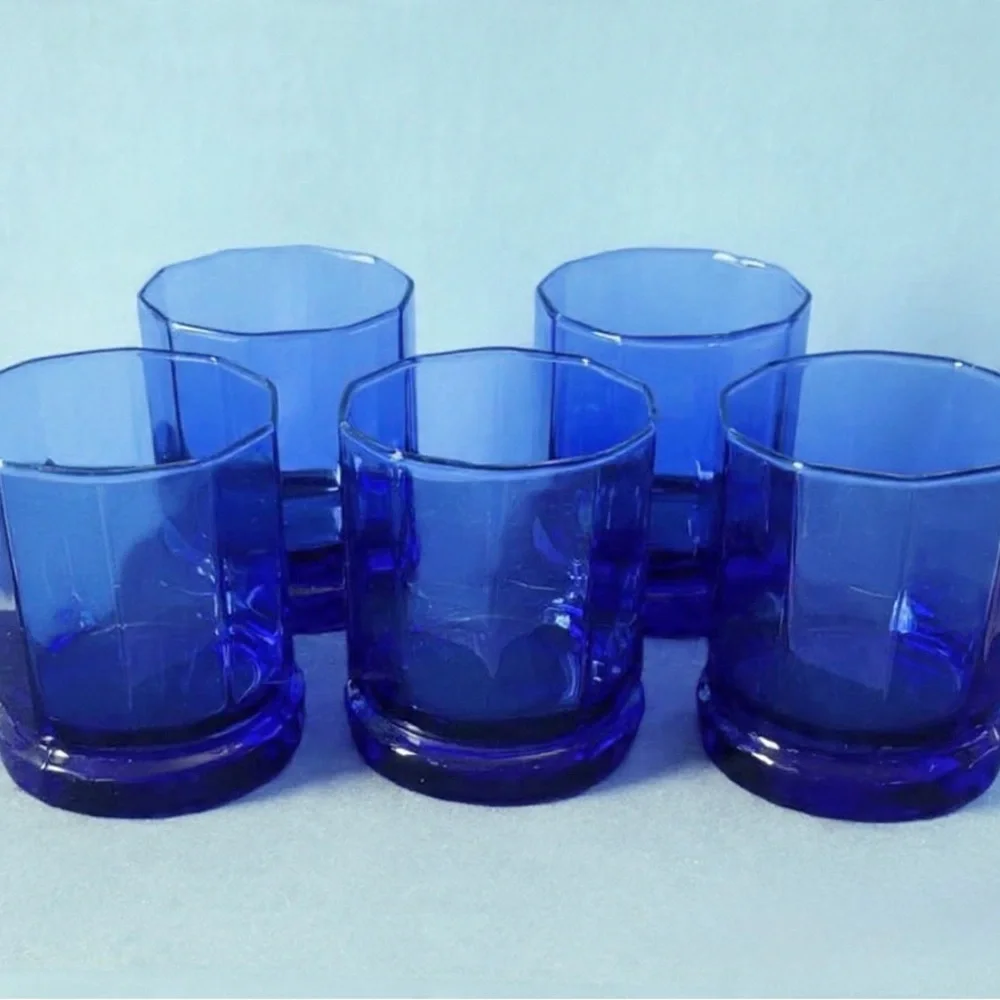 Vintage Anchor Hocking Cobalt Blue Essex 10 Panel Rocks Glasses Lowball Set of 5